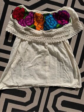 Embroidered Off-Shoulder White Cotton Blouse with Multicolor Floral Trim